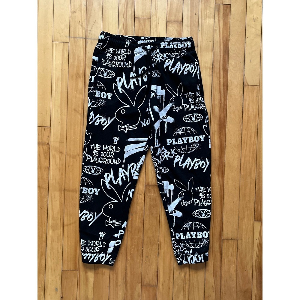 Playboy All Over Print Jogger Sweatpants Black White Mens Size M